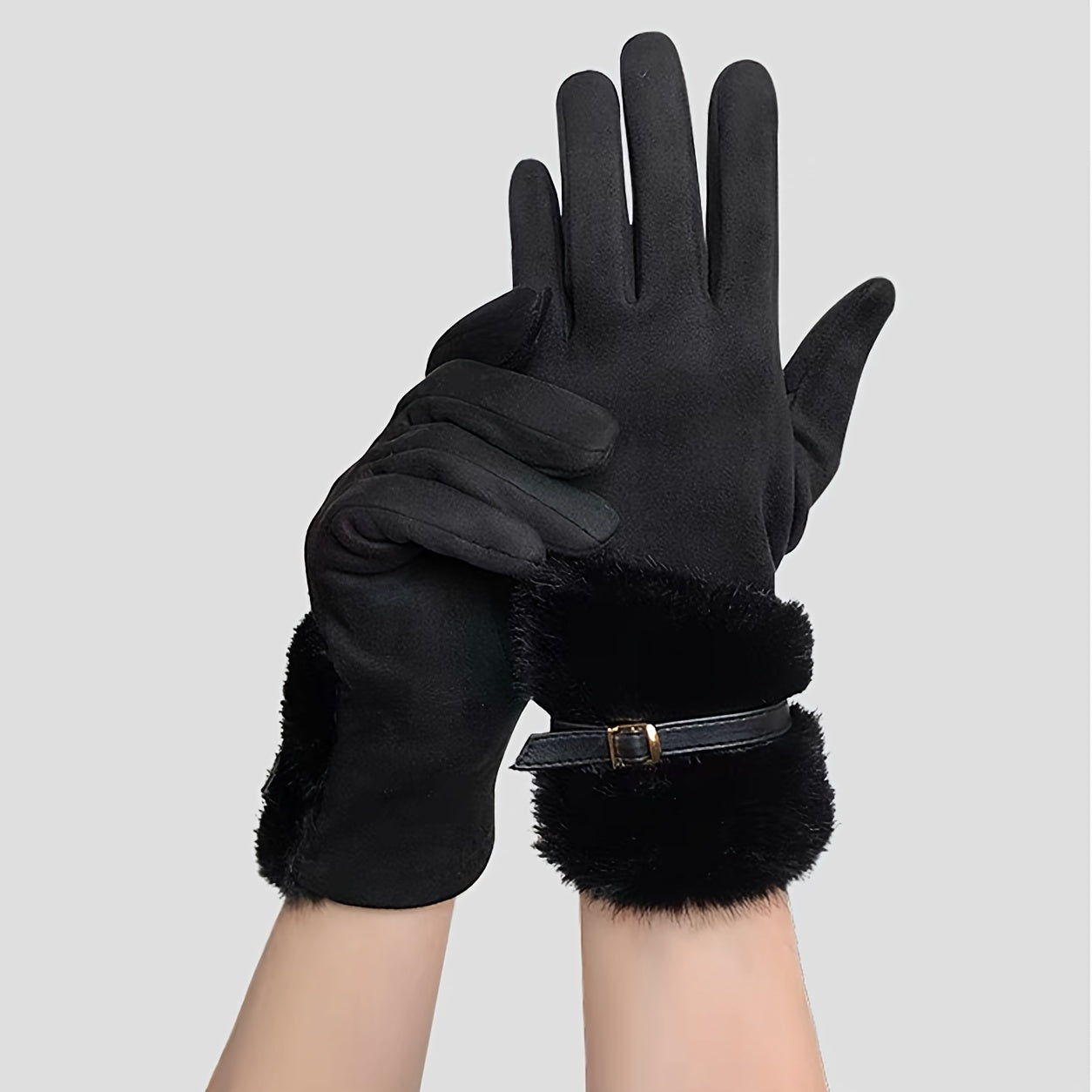 Women'S Fashion Faux Fur-Lined Full Finger Mittens, Polyester Knit Fabric, with Hand Wash Only, for Fall/Winter Outdoor Warm Accessories